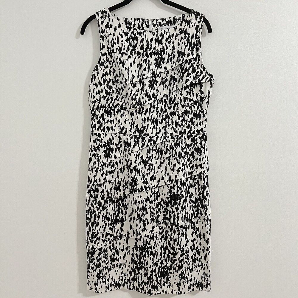 Calvin Klein Pencil Midi Dress Size 6 White and Black Tiered Sleeveless Career